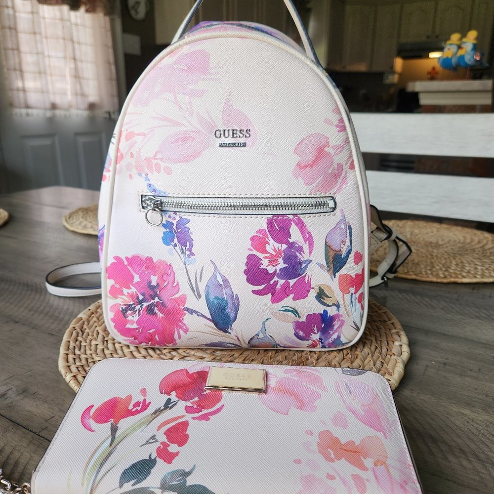 Floral Guess backpack and matching wallet